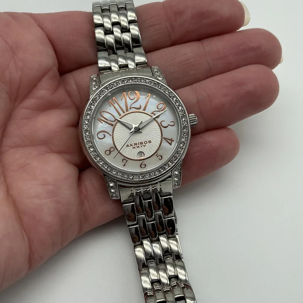 Akribos XXIV AK586SS Womens Watch 33mm White Dial Crystal Bezel New Battery 7.5